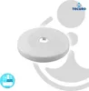 A white circular product with a hole in the center, likely a hinge rosette, is shown against a white and light gray background. There are graphic elements and a logo present. Produktbild-Vorschau