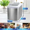 An ice maker shown with dimensions and lifestyle images of people using it for parties, barbecues, and at home. Produktbild-Vorschau