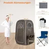 A collage of images showing a portable steam sauna, its components, and dimensions, with a person demonstrating the size. Náhľad obrázku produktu