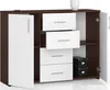 A white and brown dresser with four drawers and two doors, placed on a white surface. Produktbild-Vorschau