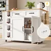 A white kitchen island with a wooden countertop, featuring drawers, cabinets, wine racks, and a towel rack. An inset shows a close-up of electrical outlets. Podgląd zdjęcia produktu