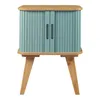 A product shot of a small cabinet with sliding doors and wooden legs, presented on a white background. Podgląd zdjęcia produktu