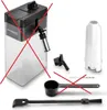A collection of coffee machine accessories, including a water tank, a filter, a scoop, and a cleaning brush, with red 'X' marks indicating items not included. Produktbild-Vorschau