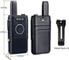 Product image showing two walkie-talkies and a metal back clip, with dimensions indicated. Produktbild-Vorschau