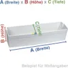 A white refrigerator shelf or drawer with dimensions labeled A, B, and C. Produktbild-Vorschau