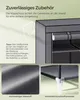 Collage showing details of a gray fabric wardrobe, including its anti-tip mechanism, material, and connectors. Anteprima dell’immagine prodotto
