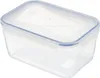 A clear, studio shot of a transparent food storage container with a blue lid. Voir les images du produit