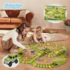 Two children playing with a dinosaur race track toy set on the floor in a living room. Produktbild-Vorschau