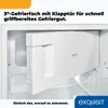 Close-up view of the interior of a white refrigerator, showing an open freezer compartment with a flap door. Produktbild-Vorschau