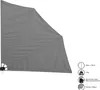 A close-up view of a gray balcony awning or side awning, showing its fabric and some of its mounting hardware. To the right, there are icons and text detailing product specifications. Produktbild-Vorschau