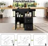 A black dining table with a wooden extendable top, shown in a room with natural light. Below the table are storage compartments with appliances and drawers. Three diagrams illustrate the table's extension mechanism. Náhled obrázku produktu