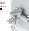 A white bathroom faucet is shown mounted on a wall, with color options listed to the left. Produktbild-Vorschau