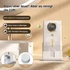 A white and gold air purifier is shown on a counter next to a sink, with text overlays highlighting its features. Produktbild-Vorschau