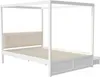 A white canopy bed frame with a beige upholstered headboard and wooden slats. Produktbild-Vorschau