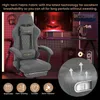 A gaming chair is displayed in a room with a computer setup, surrounded by graphics and text highlighting its features. Produktbild-Vorschau