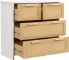 A white and wood-colored chest of drawers with cane-style drawer fronts, shown with three drawers pulled out. Náhled obrázku produktu