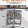 An open corner kitchen cabinet with a rotating organizer filled with kitchenware. Anteprima dell’immagine prodotto