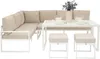 An outdoor furniture set including a sectional sofa, a table, and two stools, set against a white background. Produktbild-Vorschau