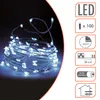 A coiled string of white LED lights on a dark background, with a series of icons and text on the right side. Produktbild-Vorschau