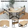 A collage of images showing an L-shaped desk, its features, and details. Produktbild-Vorschau