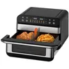 A black and silver air fryer with its drawer pulled out, showing two compartments with food inside. Produktbild-Vorschau