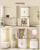 A collage showing a multi-purpose cabinet in two different room settings: a home office and a bathroom. Produktbild-Vorschau