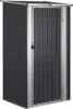 A dark gray metal shed with a silver door frame and handle, shown from the front. Produktbild-Vorschau