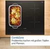 A Bosch induction cooktop with a cooking dish on one of the burners, with text overlay describing a feature. Produktbild-Vorschau