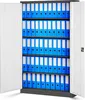 A metal filing cabinet filled with blue ring binders, with one door open. Voir les images du produit