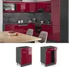 A modern kitchen with red high-gloss cabinets and a wooden table. Produktbild-Vorschau