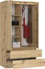 An open wardrobe with clothes hanging inside and drawers at the bottom. Produktbild-Vorschau