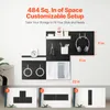 A black pegboard wall storage system with various accessories, including shelves, hooks, a cup, keys, headphones, a clock, and magazines. Below the main image are three diagrams illustrating different configurations of the pegboard system. Produktbild-Vorschau