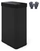 A black automatic trash can with a pair of grey gloves next to it, on a white background. Podgląd zdjęcia produktu