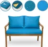 A blue cushion set on a wooden bench. Anteprima dell’immagine prodotto