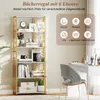 A bookshelf with various items displayed on it, next to a desk and chair, with marketing text and icons in the upper right corner. Produktbild-Vorschau
