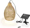 A solar-powered hanging lamp made of rattan and a solar panel with a clip mount. Produktbild-Vorschau