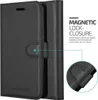 A black leather flip case for a smartphone is shown, with a close-up detail of the magnetic closure. Náhľad obrázku produktu