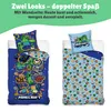 Two sides of Minecraft-themed bedding are displayed, one with a busy, colorful design and the other with a more subtle pattern. Produktbild-Vorschau