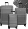 Three suitcases of varying sizes are displayed against a white background.