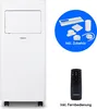 A white mobile air conditioner unit is shown on the left, with a blue circle containing accessories and a remote control on the right. Produktbild-Vorschau