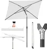 A collage of images showing different aspects of a white rectangular umbrella, including its open state, folded state, a hand holding a carrying case, and a close-up of the umbrella's joint mechanism. Produktbild-Vorschau