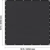 A square black shade sail is shown flat against a white background, with dimensions indicated. Produktbild-Vorschau