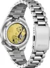 The back of a silver watch with a visible mechanical movement. Produktbild-Vorschau