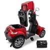 A red electric scooter with its storage compartments open, shown from a three-quarter rear view, with a separate battery pack in the foreground. Produktbild-Vorschau
