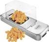A stainless steel vegetable chopper with chopped carrots inside and next to it, with a clear plastic lid. Náhled obrázku produktu