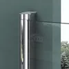 Close-up of a shower cabin hinge and glass panel, with a reflection of a house and trees in the glass. Produktbild-Vorschau