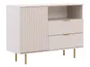 A light beige cabinet with fluted doors and drawers, standing on gold metal legs, against a white background. Produktbild-Vorschau
