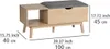 A product shot of a wooden bench with a gray upholstered seat and storage compartments, with dimensions indicated by measurement lines and text. Náhled obrázku produktu