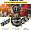 A collage of images showing a set of synchronizer gauges, with a close-up of one gauge being held by a hand, and other shots highlighting the product's features and dimensions. Voir les images du produit
