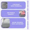 A marketing image showing three panels with text and images illustrating the ease of cleaning a gray fabric product. Produktbild-Vorschau